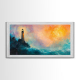 Lighthouse Sunset, coastal painting, nautical wall art, seascape painting, lighthouse art, framed canvas print, panoramic art