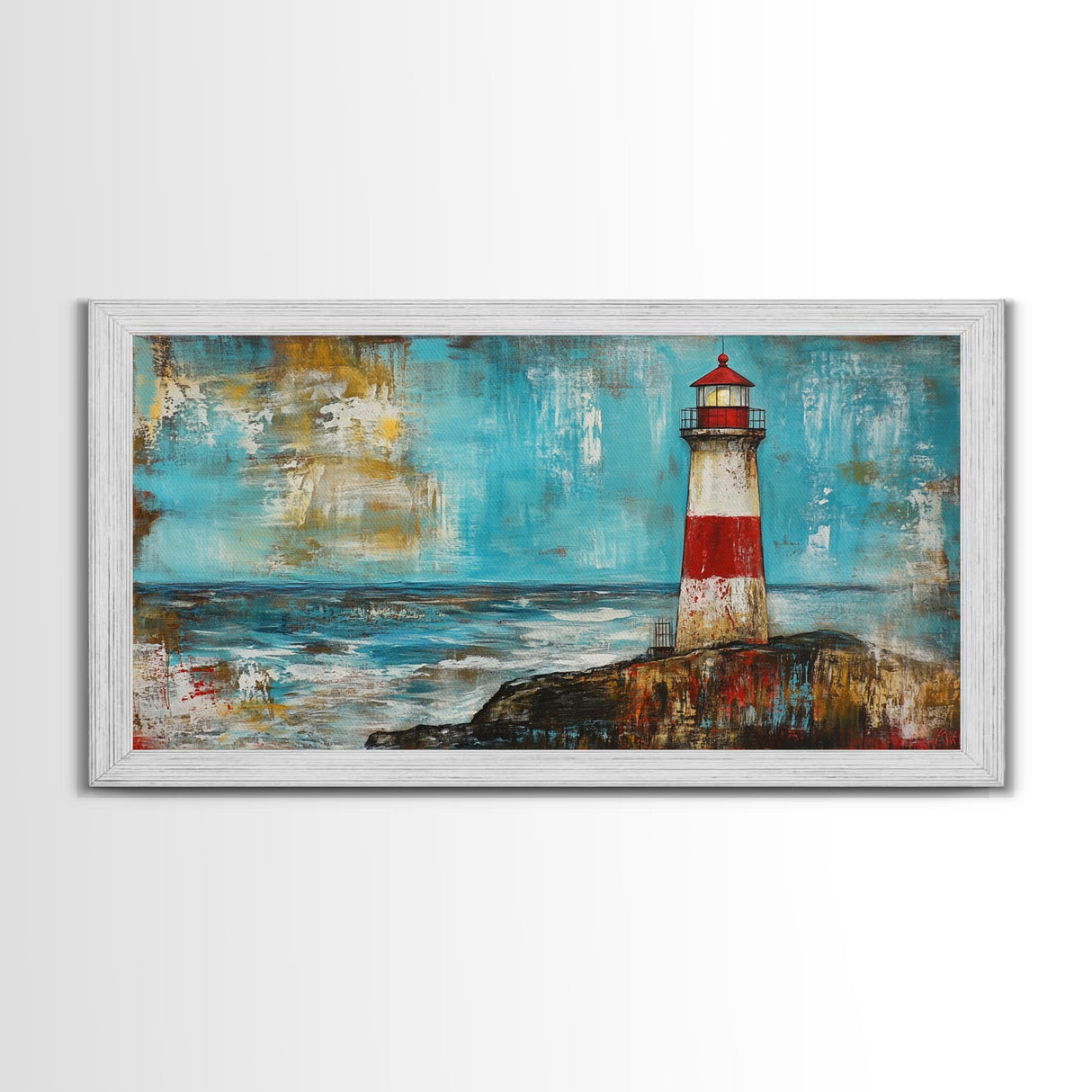 Red Lighthouse, nautical painting, coastal wall art, beach house decor, ocean painting, framed canvas print, above couch art