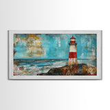 Red Lighthouse, nautical painting, coastal wall art, beach house decor, ocean painting, framed canvas print, above couch art