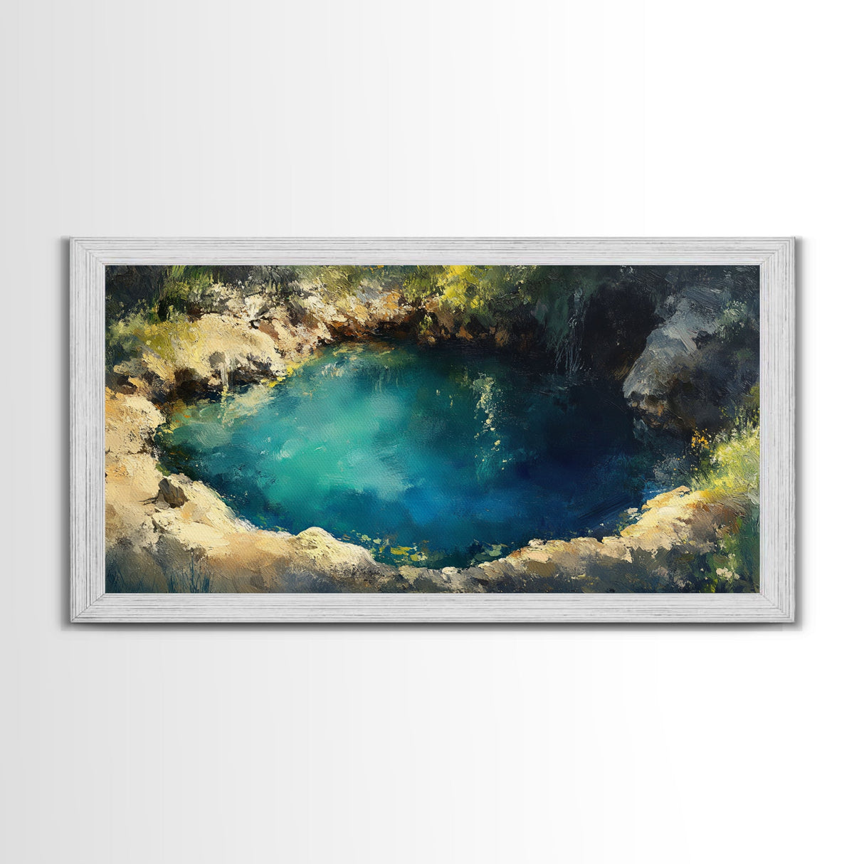 Hidden Lagoon Painting, landscape painting, blue and green wall art, wabi sabi wall art, framed canvas print, nature painting