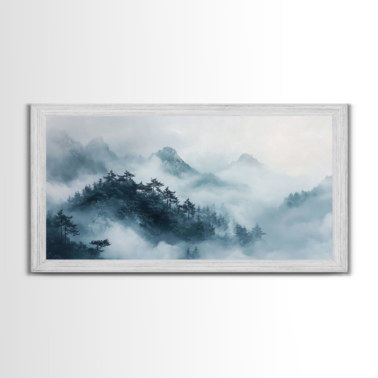 Misty Mountain, chinoiserie wall art, framed canvas print, zen wall art, mountain painting, panoramic painting, extra wide art
