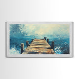 Rustic Dock, Nautical Wall Art, Framed Canvas Print, Coastal Landscape Art, Ocean Painting, Seascape Painting, Extra Wide Art