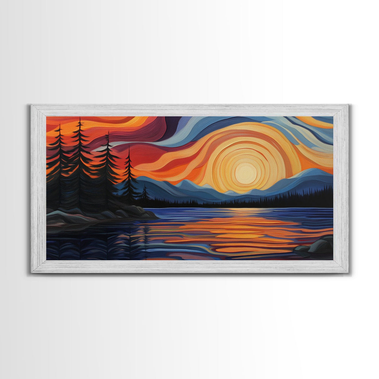 Sunset Lake, Mountain Painting, Framed Canvas Print, Pine Tree Art, Pink Orange Wall Art, Rustic Art, Landscape Painting
