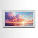 Seascape painting, framed canvas print, extra wide art, sunset painting, panoramic wall art, ocean waves, nautical wall art