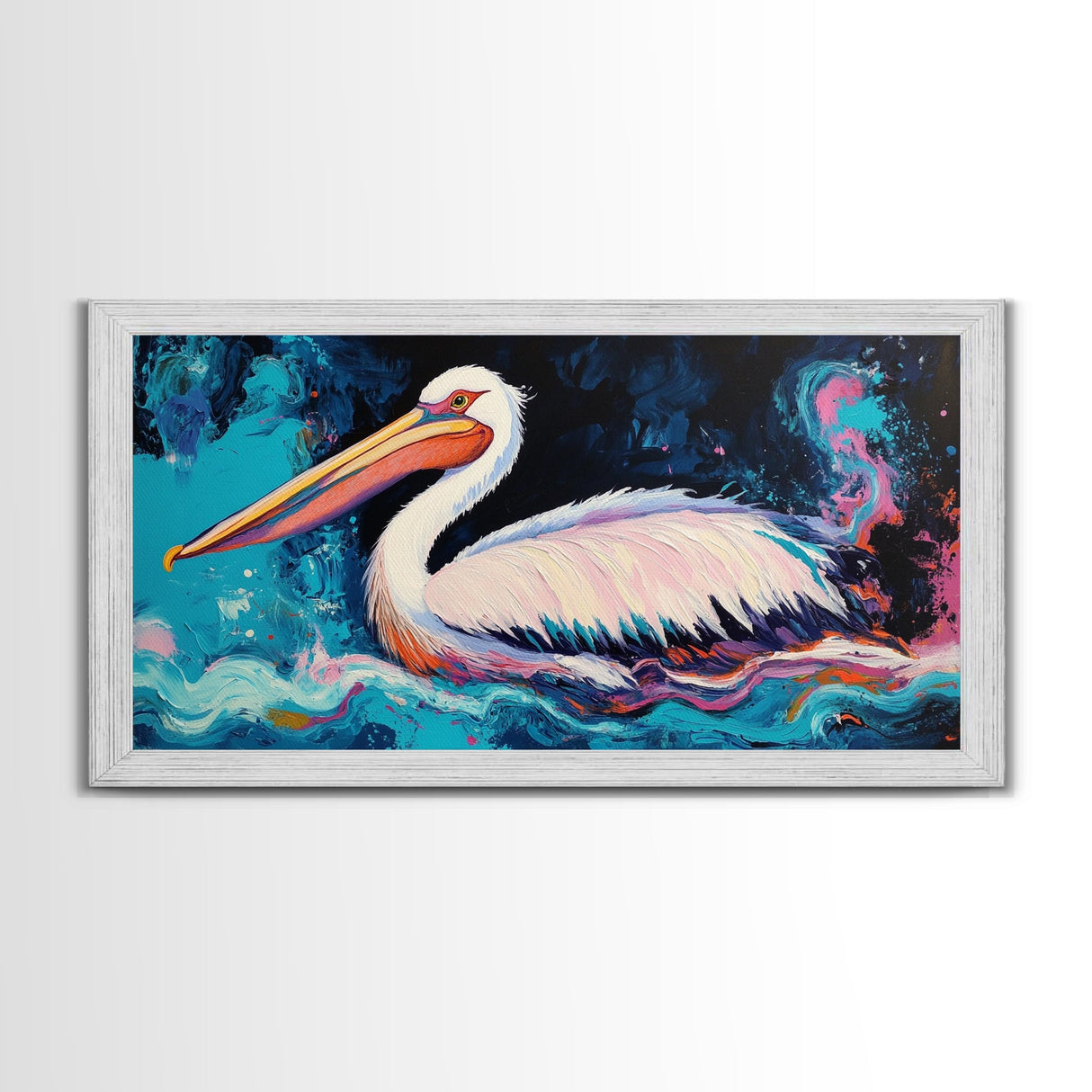 Bird art, pelican painting, framed canvas print, coastal decor, extra wide art, tropical painting, colorful abstract wall art
