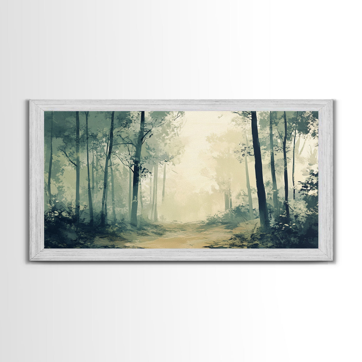 Foggy Forest Path, forest at dusk painting, pine tree art, wabi sabi art, moody art, extra wide art, rustic wall art, Canvas Print