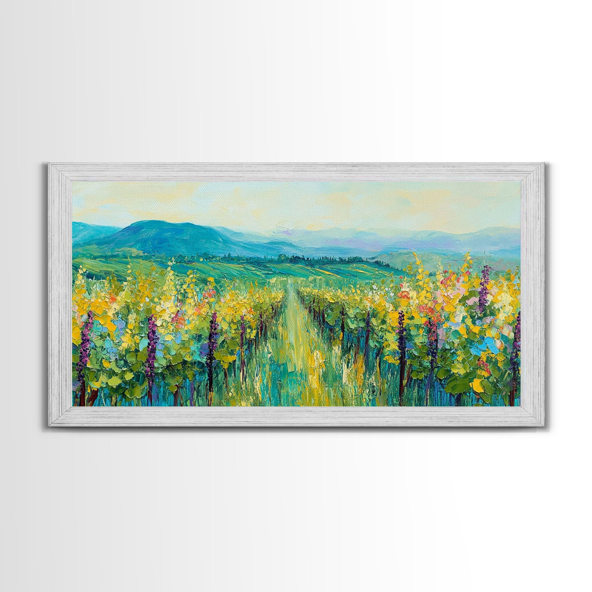Vineyard Landscape, impressionist painting, framed canvas print, green wall art, farmhouse art, rustic decor, above bed wall art