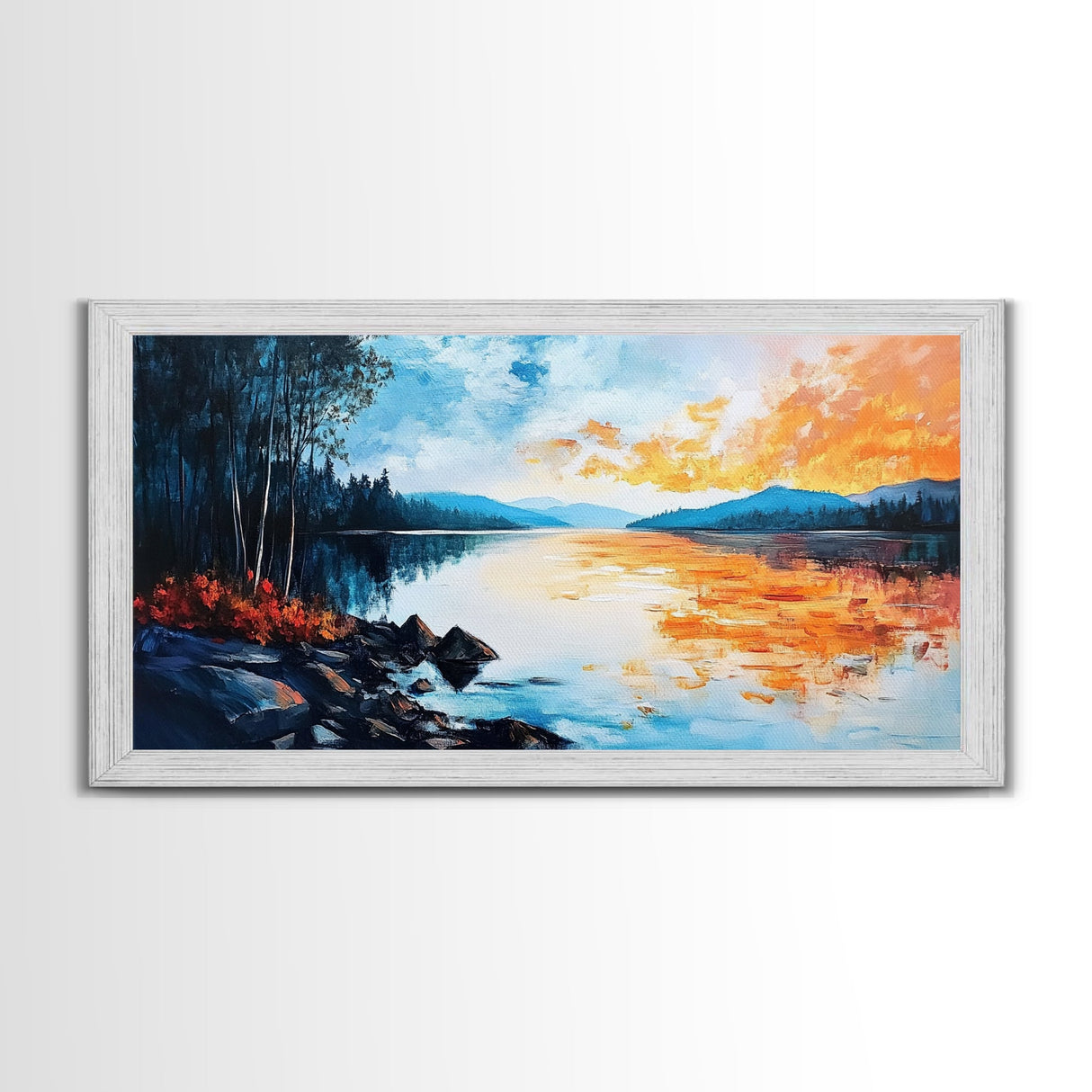 Sunset Lake Reflection, panoramic art, landscape painting, framed canvas print, mountain painting, extra wide art