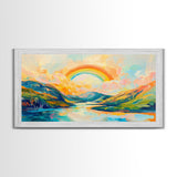 Rainbow Over Mountains, landscape painting, panoramic art, framed canvas print, extra wide art, mountain painting, colorful art
