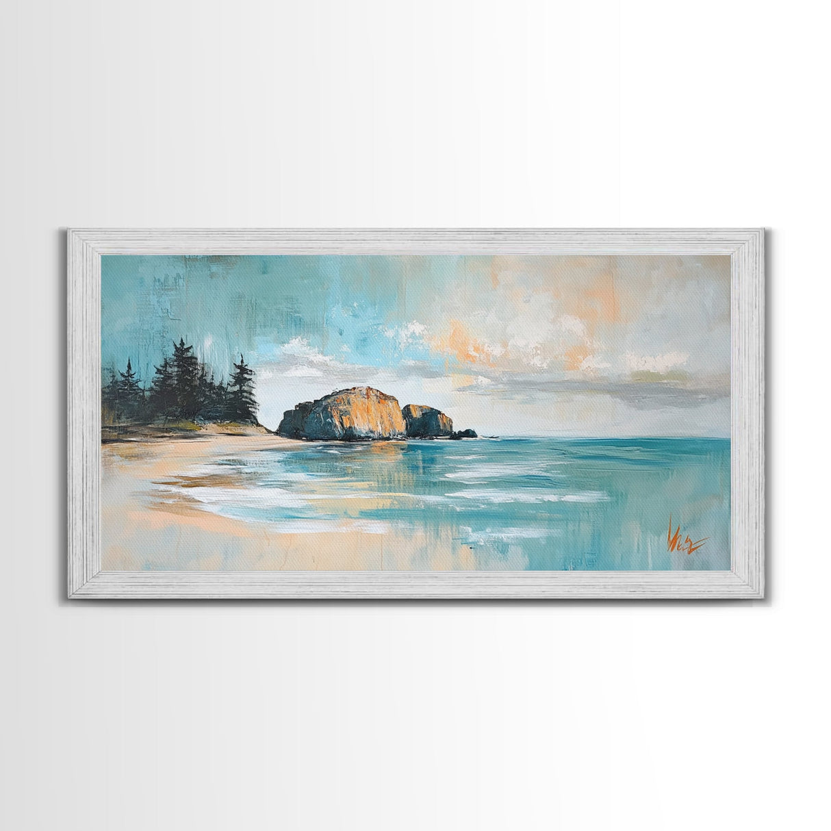 Serene Beach Landscape, framed canvas print, coastal painting, seascape painting, extra wide art, nautical wall art, bedroom art