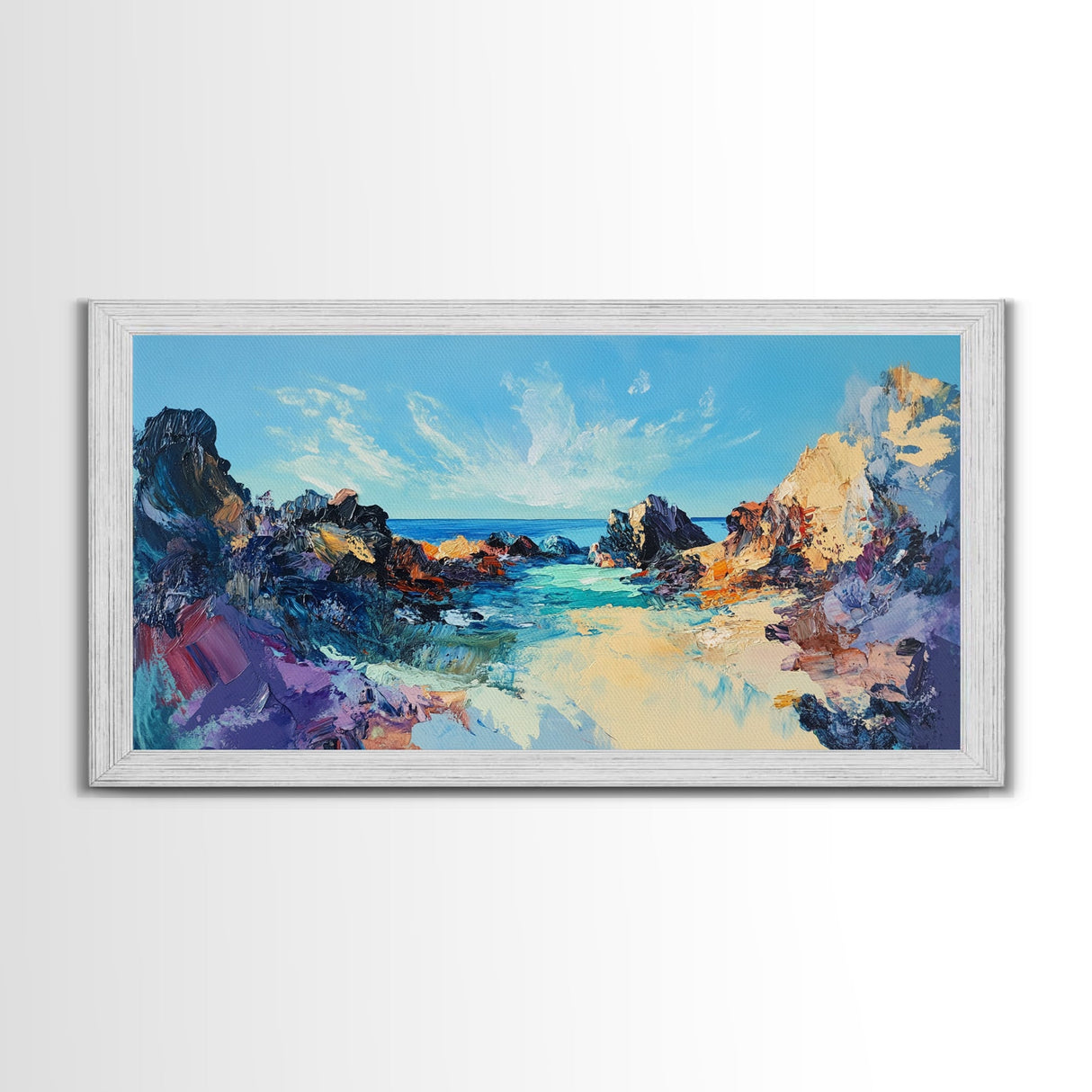 Rocky Seascape Panorama, framed canvas print, extra wide art, seascape painting, above couch art, nautical painting