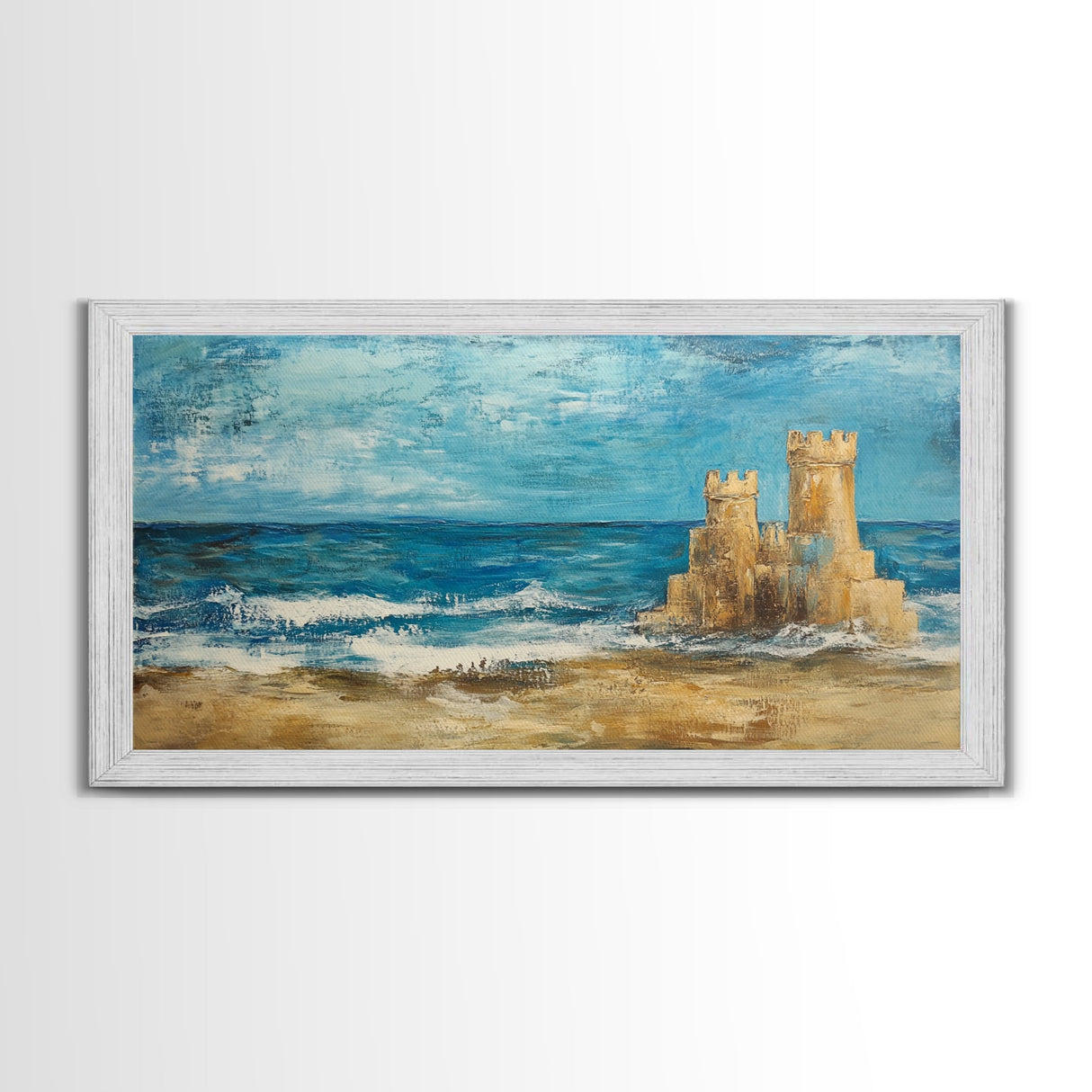 Sandcastle Painting, Coastal Decor, Beach House Wall Art, Nautical Painting, Framed Canvas Print, Seascape Art, Ocean Wave Painting