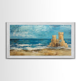 Sandcastle Painting, Coastal Decor, Beach House Wall Art, Nautical Painting, Framed Canvas Print, Seascape Art, Ocean Wave Painting