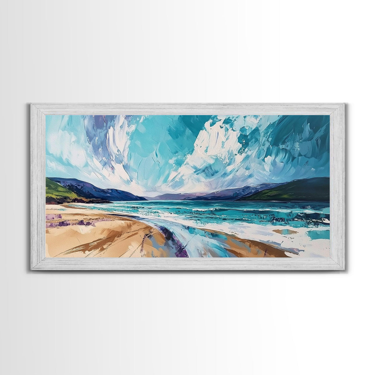 Seascape Painting, coastal landscape art, beach house decor, Ireland painting, blue and green wall art, panoramic art, canvas print