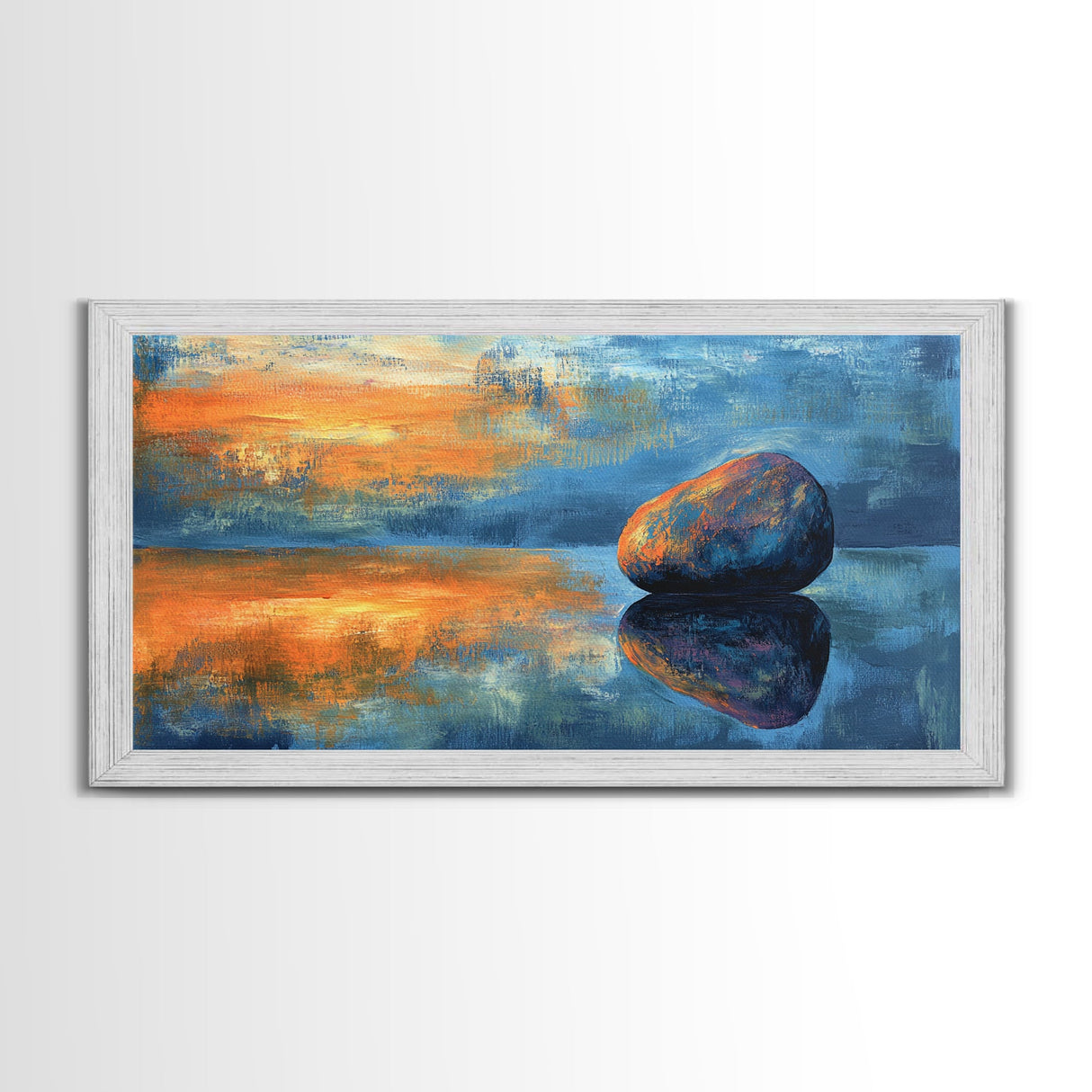 Zen Stone Reflection, moody art, minimalist art, coastal painting, blue and green wall art, extra wide art, canvas print