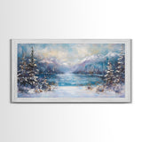 Lake Tahoe Art, Snowy Landscape, Winter Cabin Decor, Framed Canvas Print, Blue and Green Wall Art, Horizontal Wall Art