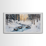 Birch Tree Painting, Snowy River Art, Winter Landscape, Framed Canvas Print, Farmhouse Art, Wabi Sabi Art, Tall Narrow Art
