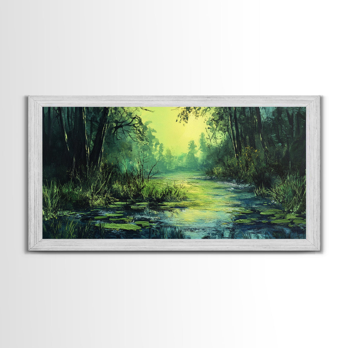 Forest Lagoon, green wall art, nature landscape painting, botanical prints, wabi sabi art, extra wide art, Framed Canvas Print