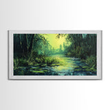 Forest Lagoon, green wall art, nature landscape painting, botanical prints, wabi sabi art, extra wide art, Framed Canvas Print