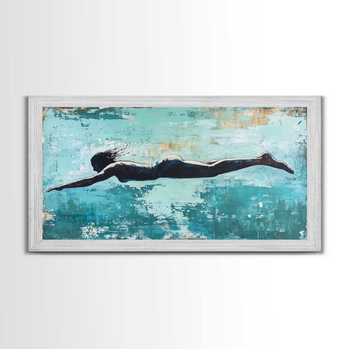 Woman Swimming, teal wall art, moody art, minimalist art, extra wide art, coastal decor, beach house art, Canvas Print