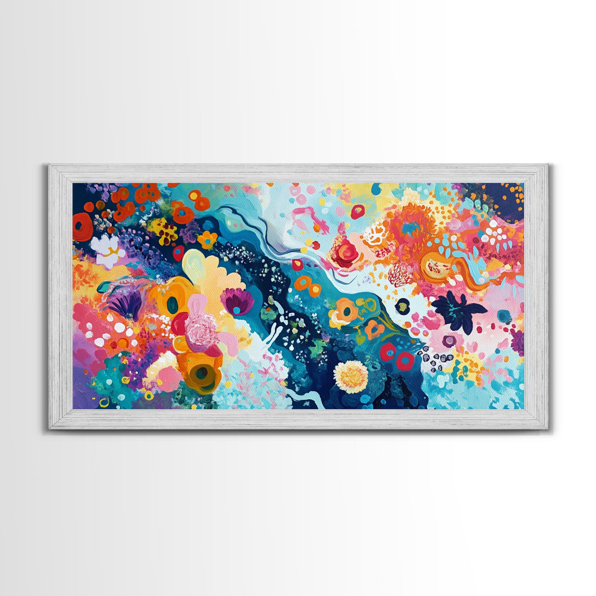 Floral abstract, whimsical art, colorful wildflowers, framed canvas print, botanical prints, pink orange wall art