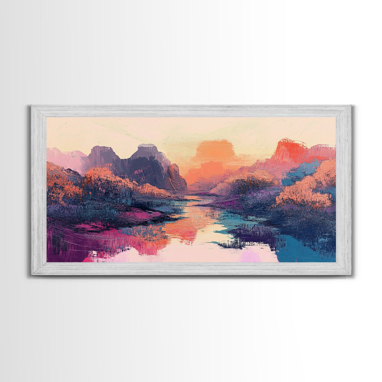 Sunset Landscape, Pink Orange Wall Art, Moody Art, Southwest Wall Art, Extra Wide Art, Horizontal Wall Art, Framed Canvas Print, Above Bed Art