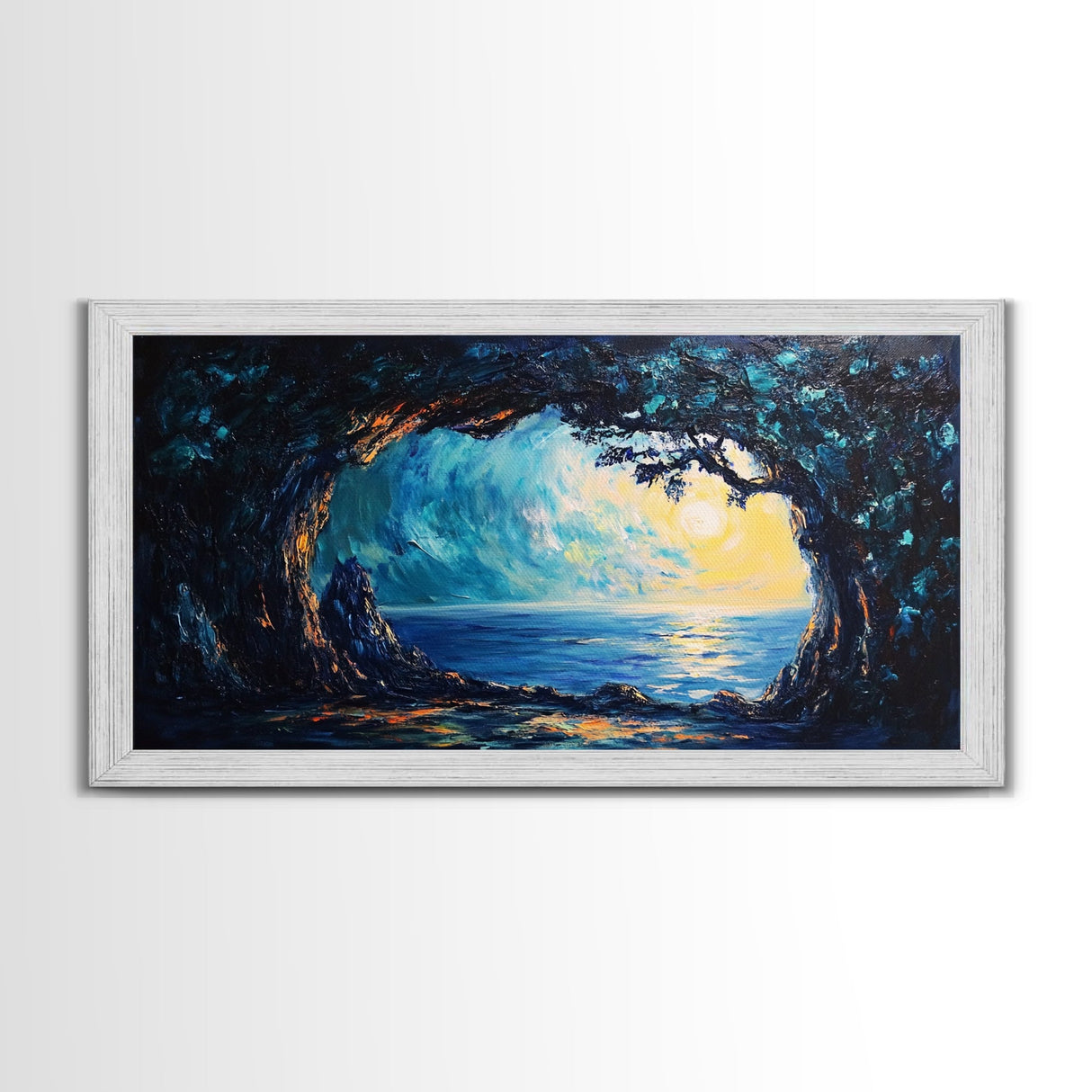 Ocean Cave, Framed Canvas Print, nautical wall art, coastal painting, extra wide painting, seascape painting, panoramic wall art