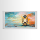 Lantern painting, rustic decor, farmhouse art, boho art, wabi sabi art, warm glow, extra wide art, framed canvas print, moody art