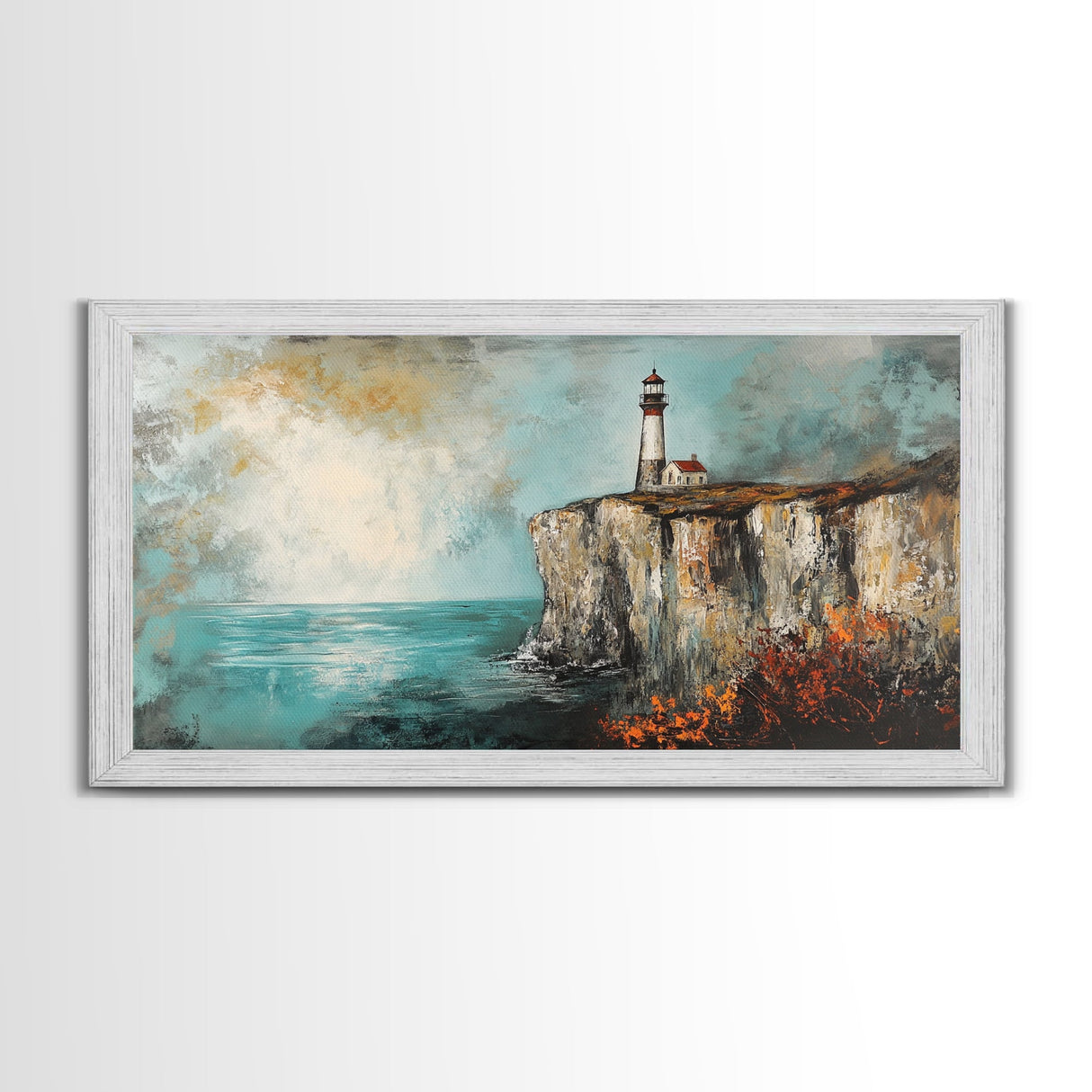 Lighthouse at Cliff, nautical wall art, coastal decor, dramatic seascape painting, panoramic painting, Framed Canvas Print, above sofa art
