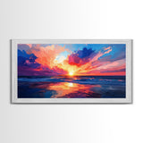 Sunset Beach, pink orange wall art, seascape painting, coastal wall art, panoramic art, ocean waves, extra wide art, Canvas Print