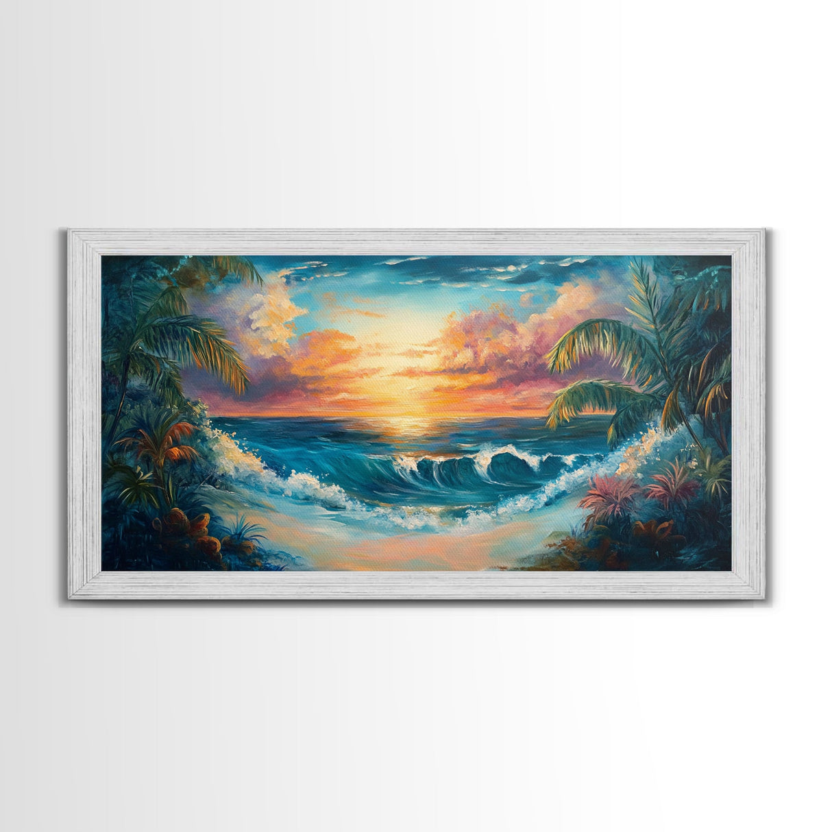 Tropical Waves, palm tree painting, Hawaii art, seascape painting, coastal decor, ocean painting, beach waves, Framed Canvas Print