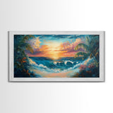 Tropical Waves, palm tree painting, Hawaii art, seascape painting, coastal decor, ocean painting, beach waves, Framed Canvas Print