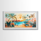 Tropical Sunset Art, Coastal Landscape Art, Boho Wall Art, Palm Tree Painting, Pink Orange Wall Art, Extra Wide Art, Canvas Print