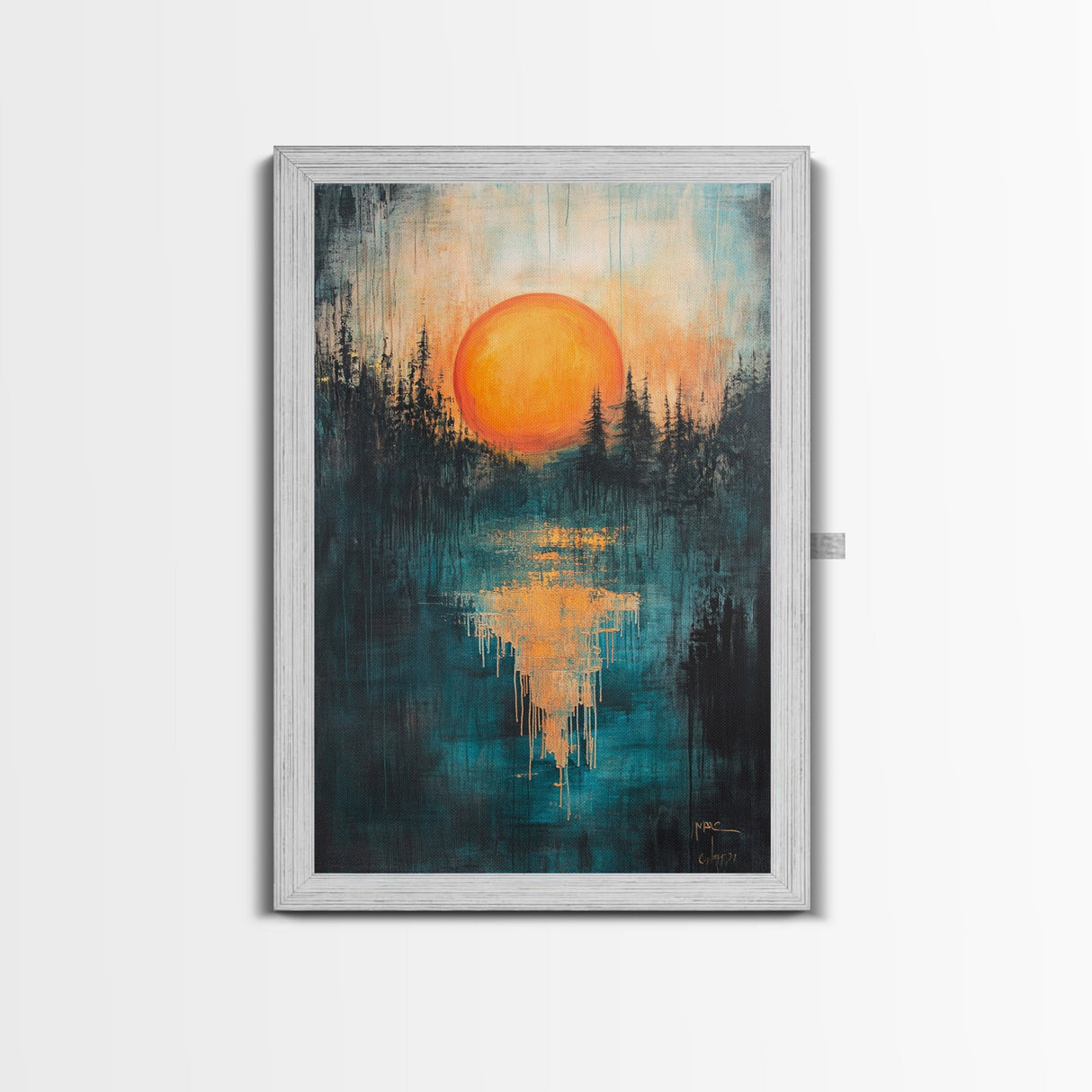 Sunset Over Water, Forest at Dusk Painting, Moody Landscape, Warm Glow Art, Nature Wall Art, Rustic Decor, Canvas Print