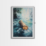 Log in Water, Forest at Dusk Painting, Rustic Nature Scene, Moody Wall Art, Blue and Green Decor, Framed Canvas Print