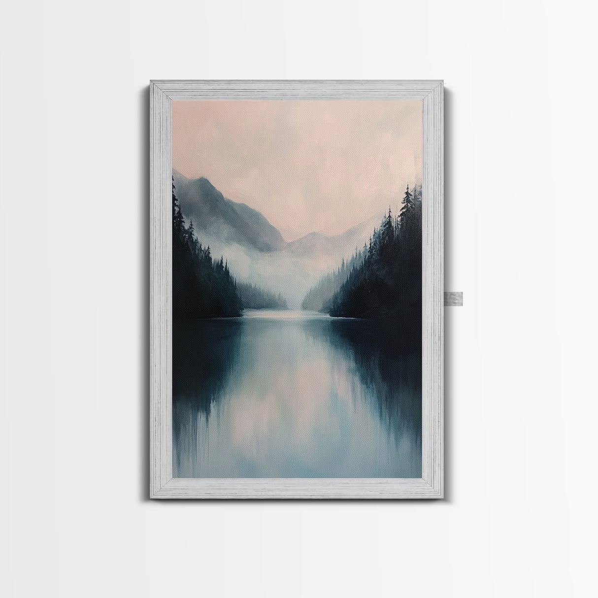 Misty Lake, mountain painting, smoky mountain art, panoramic painting, blue and green wall art, framed canvas print, moody art