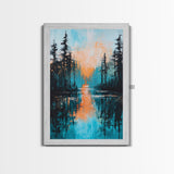 Sunset Reflection, pine tree art, landscape painting, teal wall art, Joshua tree art, framed canvas print, extra wide art