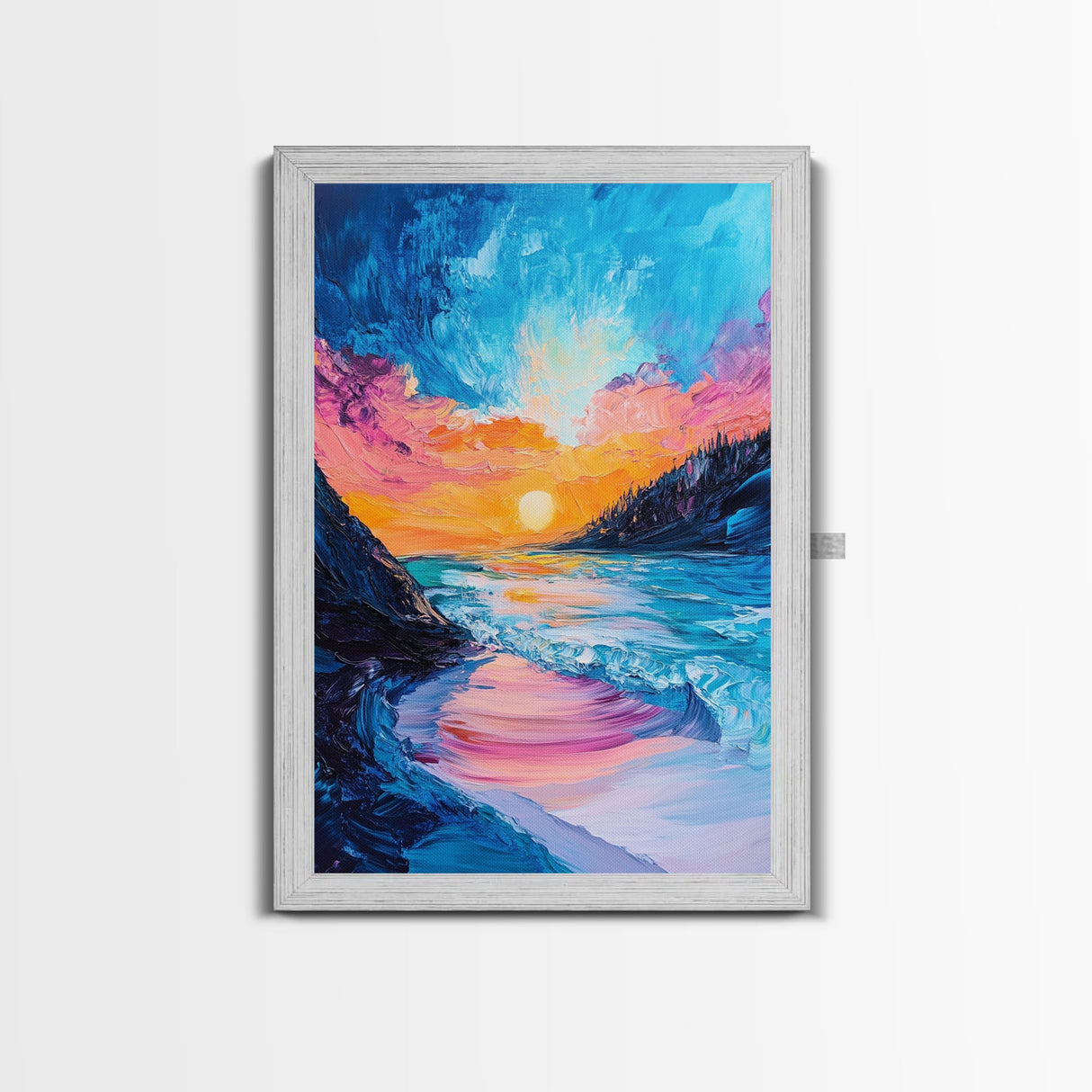 Colorful Beach, sunset painting, surf wall art, coastal painting, nautical decor, ocean waves, framed canvas print, seascape art