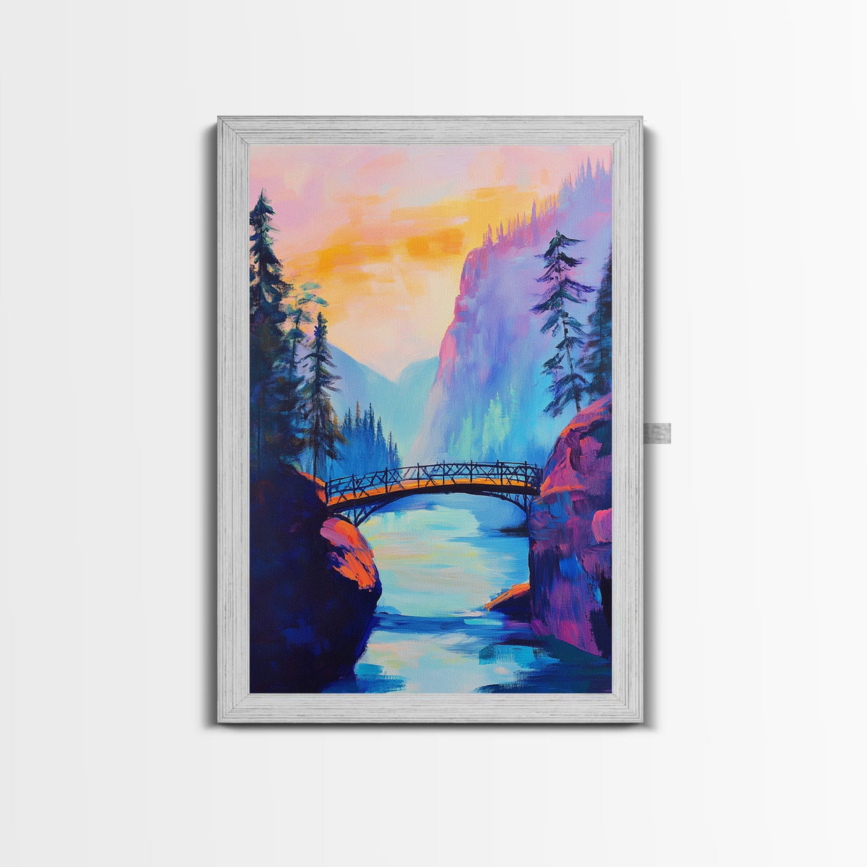 Vibrant Mountain Bridge, pink orange wall art, forest at dusk painting, landscape painting, above bed wall art, Canvas Print