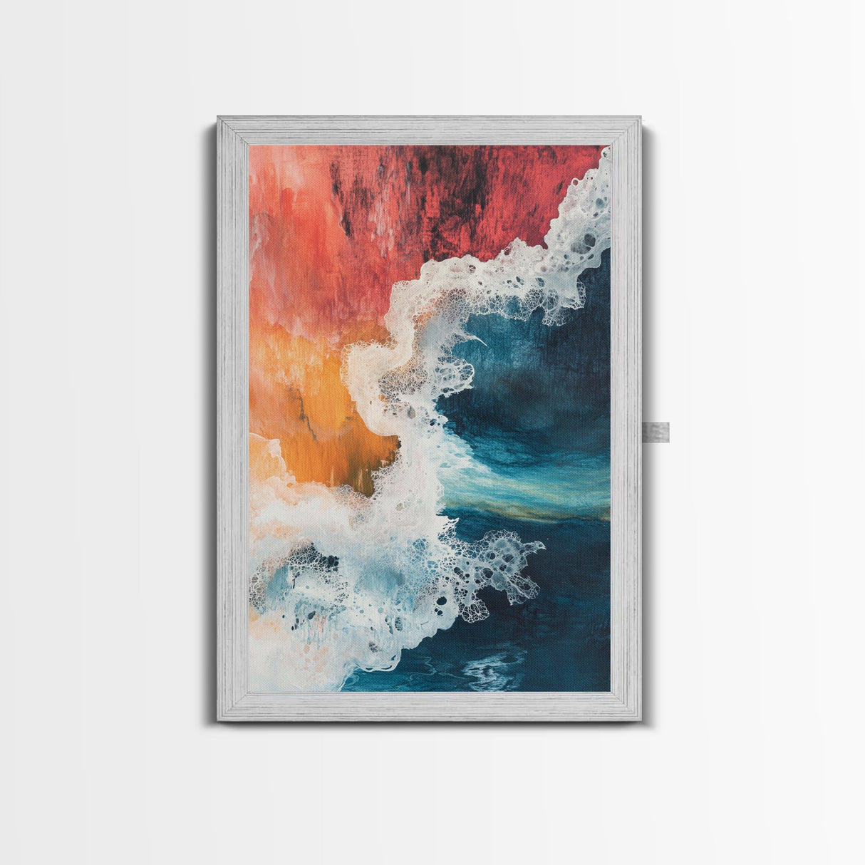 Fiery Ocean Wave, pink orange wall art, coastal landscape art, teal wall art, moody art, ocean abstract art, Framed Canvas Print