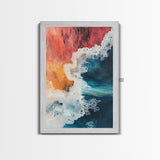 Fiery Ocean Wave, pink orange wall art, coastal landscape art, teal wall art, moody art, ocean abstract art, Framed Canvas Print