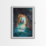 Sunlit Ocean Grotto, seascape painting, nautical painting, tropical wall art, blue and green wall art, Framed Canvas Print