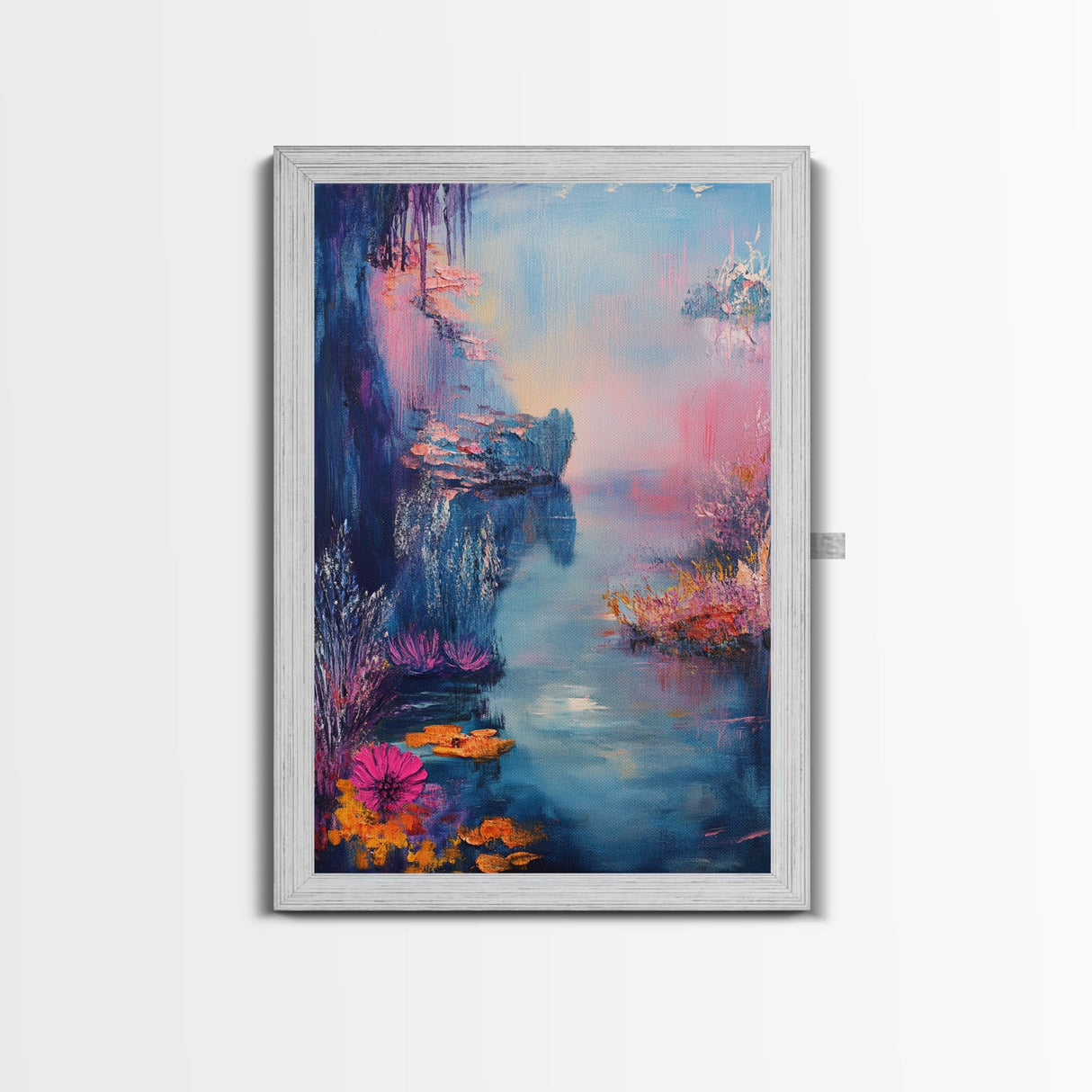 Dreamy Lake Scene, pink abstract art, blue and green wall art, moody art, vertical wall art, framed canvas print, living room art