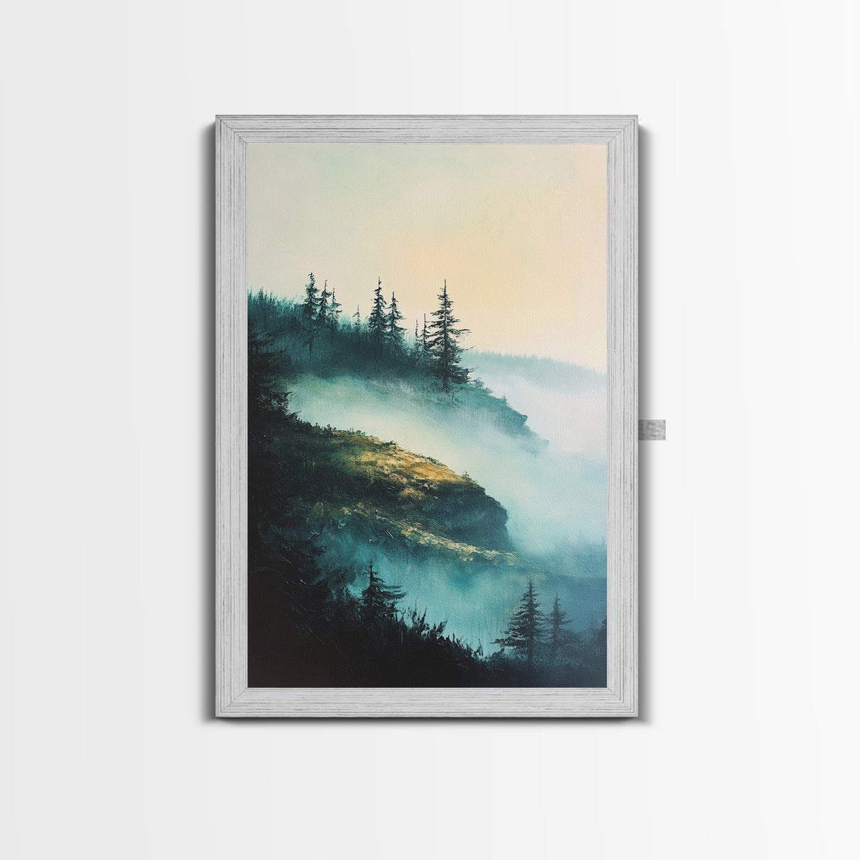 Foggy Mountains, mountain painting, smoky mountain art, pine tree art, forest at dusk painting, Framed Canvas Print, bedroom art