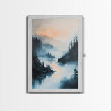 Misty Lake, landscape painting, smoky mountain art, pine tree art, moody art, blue and green wall art, Canvas Print, above sofa art