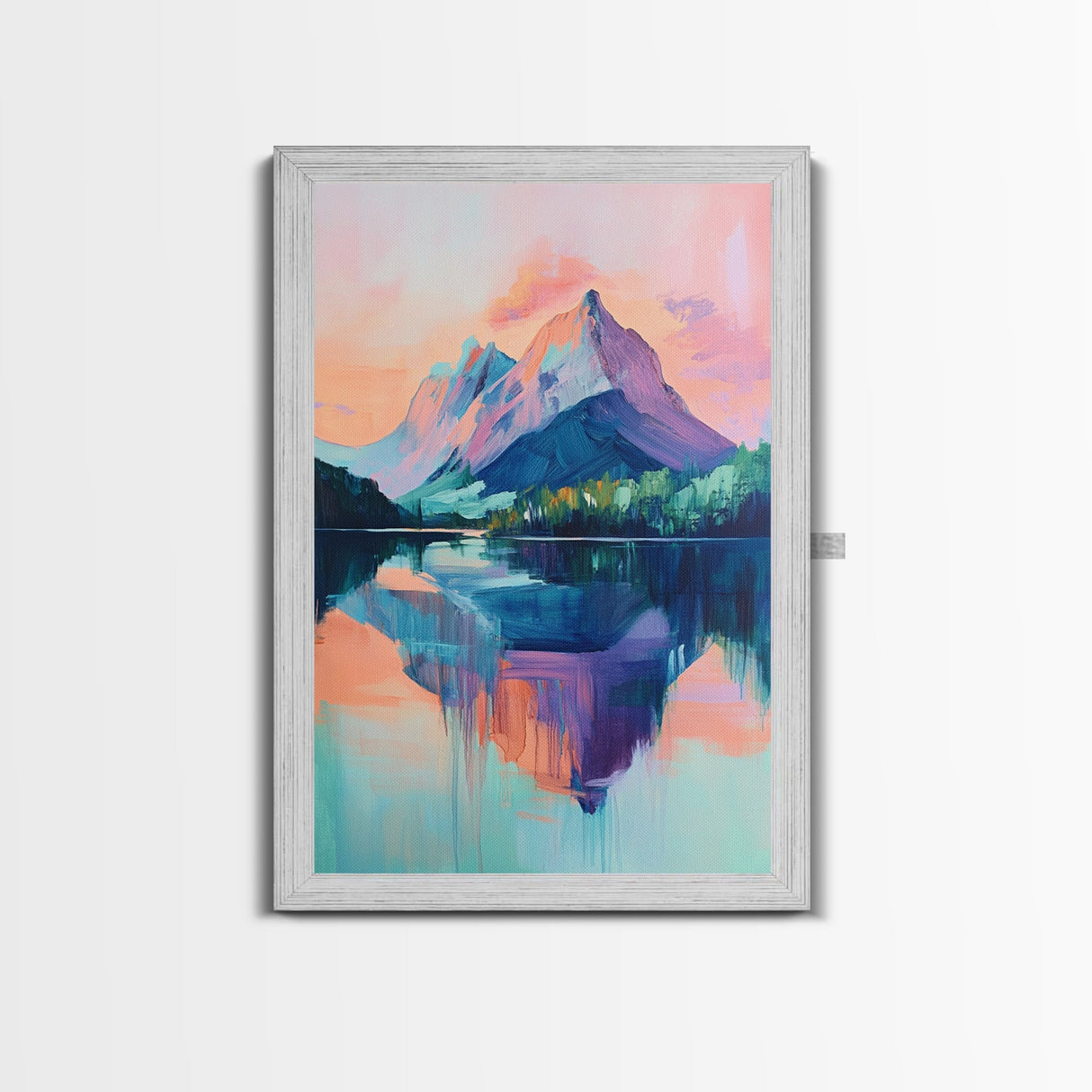 landscape painting, pink orange wall art, sunrise painting, modern art, extra wide art, panoramic art, Framed Canvas Print, moody art