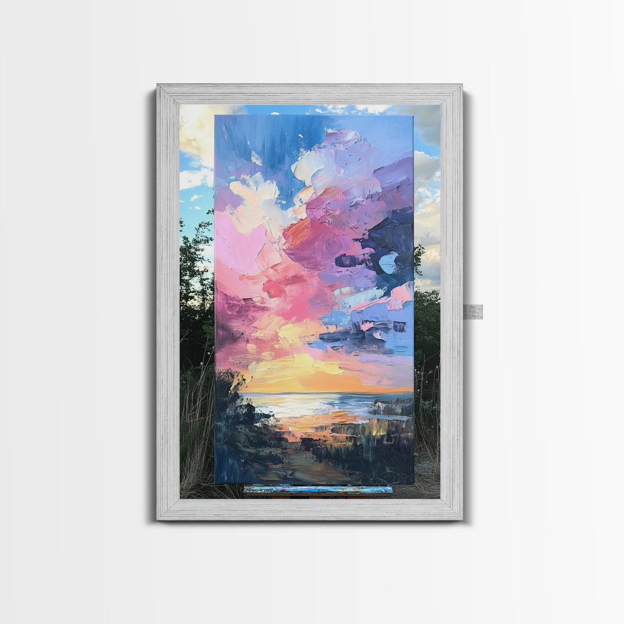 Sunset Beach, seascape painting, coastal wall art, nautical decor, panoramic painting, above bed wall art, framed canvas print