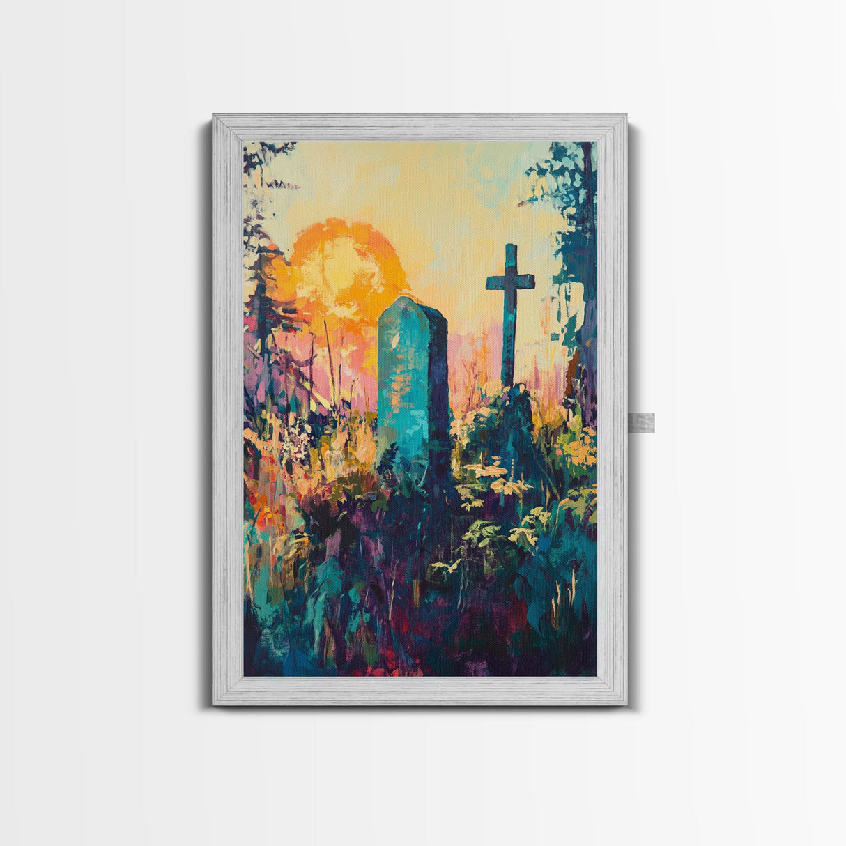 Graveyard Sunset, dark romance painting, gothic wall art, moody art, vintage folk art, atmospheric painting, framed canvas print
