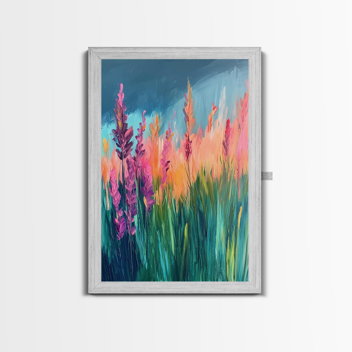 Wildflower Painting, poppy wall art, pink orange wall art, floral landscape, botanical prints, framed canvas print, rustic wall art