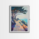 Ocean Cliff Path, coastal landscape art, pine tree art, rustic wall art, blue and green wall art, framed canvas, above bed wall art